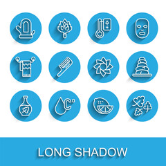 Fototapeta premium Set line Essential oil bottle, Water temperature, Sauna mitten, Lemon, Oak leaf, Hairbrush, Stack hot stones and Flower icon. Vector