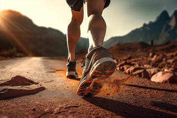 Stride of Champions: Runner Athlete's Feet Embracing Sunlight, Training for Victory with a Self-Challenge Theme. created with Generative AI