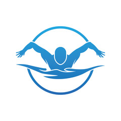 Swimming Logo. Swimmer icon with caption. Vector illustration