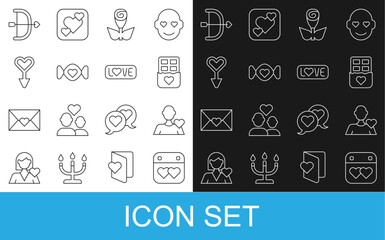 Set line Calendar with heart, Romantic man, Chocolate bar, Flower rose, Candy, Female gender symbol, Bow arrow and Love text icon. Vector
