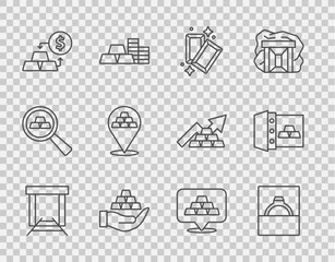 Set line Gold mine, Diamond engagement ring box, bars, hand, exchange money, and Safe with gold icon. Vector