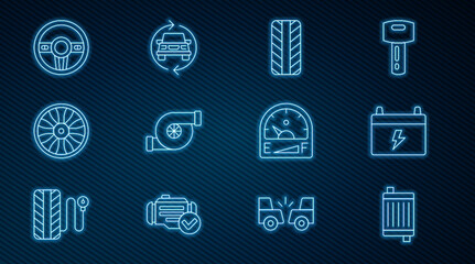 Fototapeta premium Set line Car radiator cooling system, battery, tire wheel, Automotive turbocharger, Alloy for car, Steering, Motor gas gauge and service icon. Vector