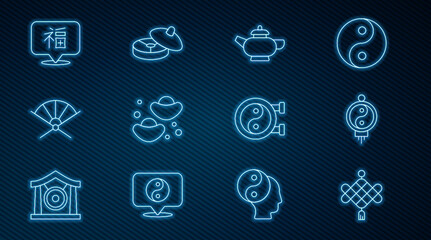 Set line Chinese paper lantern, tea ceremony, fortune cookie, Traditional fan, New Year, Yin Yang symbol and icon. Vector