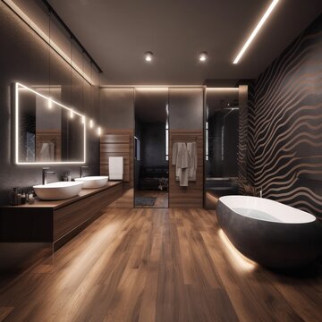 Exquisite wood Bathroom with Luxurious Details and Stylish Decor.