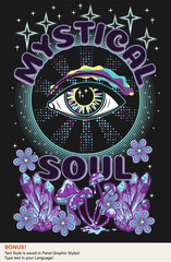 Poster with all seeing eye, mushrooms, stars, crystals of gemstones, flowers, editable text style. Concept of sacred spirit, magic, extended mind. Magic, mystical surreal illustration. Retro style