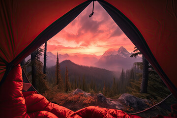 Beautiful view from tent while camping created with Generative AI technology