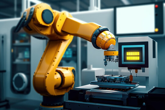 Smart Industrial Automation: Advanced Robotic Arm in Modern Factory. created with Generative AI