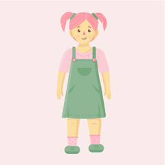 Cute baby, child, girl with pink hair and candy colors, with ponytails and overalls, green clothes, vector illustration