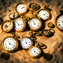 An old pocket watch lies on the sand, some of them are completely broken
