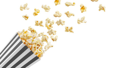 Popcorn flying out of black white striped paper box isolated on white, transparent background, PNG,...