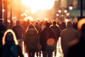 Dynamic Urban Life: Blurred Crowd in Fast-Moving City Streets with Soft Bokeh. created with Generative AI