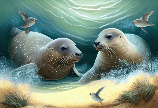 Playful Seals Bring Energy to Peaceful Beach Scene with Sparkling Water and Sandy Shore, generative AI