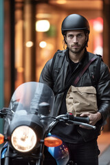 A food delivery man on a motorcycle, wearing a helmet and holds a food bag in the hand - ai generative
