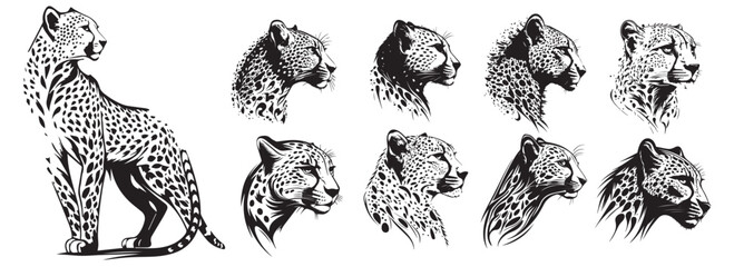Cheetah heads black and white vector. Silhouette svg shapes of cheetah illustration. - obrazy, fototapety, plakaty