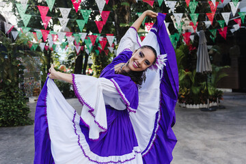 Latin Woman in Traditional Mexican Dress Dancing at parade or cultural Festival in Mexico Latin America, hispanic people in independence day