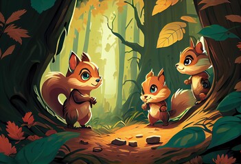 Curious Chipmunks in Peaceful Forest: Playful and Friendly Scene with Tall Trees and Rustling Leaves, generative AI