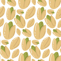 Seamless pattern with pistachios in cartoon style with highlights. A healthy diet. Modern background for packaging, advertising, labels and other designs. Hand-drawn illustration on a white background