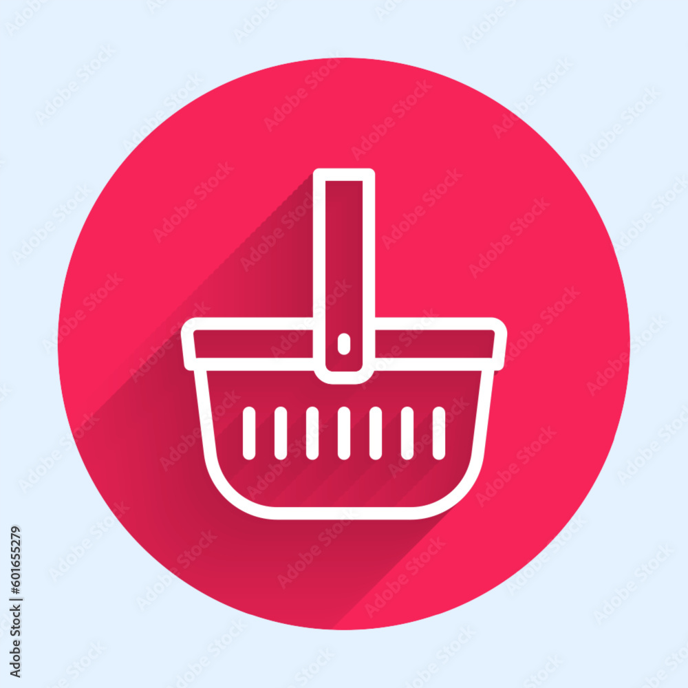 Poster white line picnic basket icon isolated with long shadow background. red circle button. vector