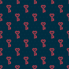 Red line Key in heart shape icon isolated seamless pattern on black background. Happy Valentines day. Vector