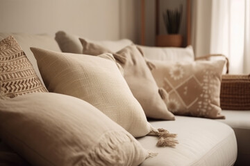Pillows on beige sofa room decoration background. Close up light beige fabric sofa with warm cozy home interior background, created with Generative AI.