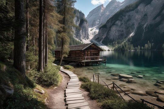 Wooden hut on Lake Braies in Dolomites, Italy