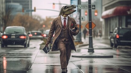 A man in a suit with a dinosaur head walking down a street. AI