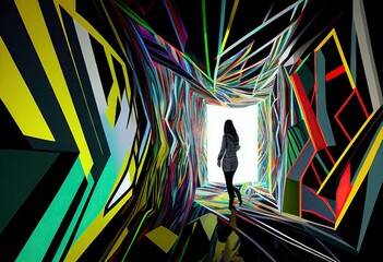 Colorful female figure trying to escape from a linear world in a mirror Abstract, Elegant and Modern AI-generated illustration
