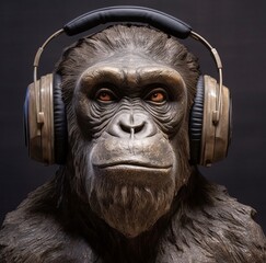 A chimpanzee with headphones on. AI