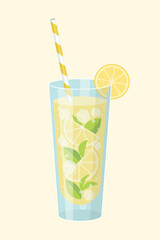 Lemonade with lemon slices, mint, ice and straw in the glass. Isolated vector illustration.