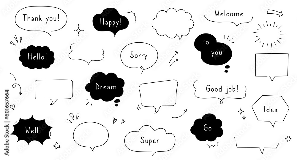 Poster Line simple balloon frame for text title. Line decoration simple speech bubble set with comic cloud, balloon, arrow element. Hand drawn doodle sketch style. Vector illustration.