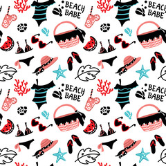 Summer beach accessories. Summer print for girls. Seamless pattern. Vector.