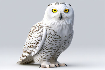 Graceful Majesty: Snowy Owl Perched on a Serene White Background. created with Generative AI