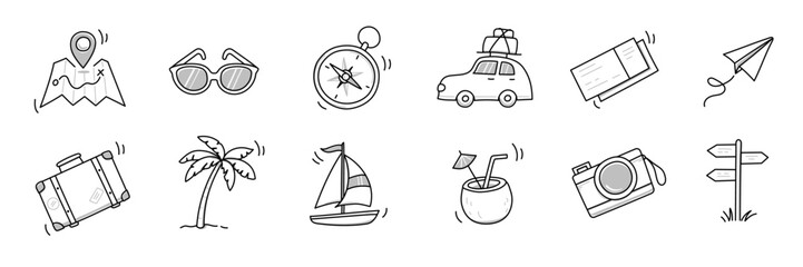 Summer travel vacation drawn icon set. Hand drawn sketch doodle style summer trip, vacation icon. Camera, travel bag, palm doodle element. Funny tourism vector illustration.