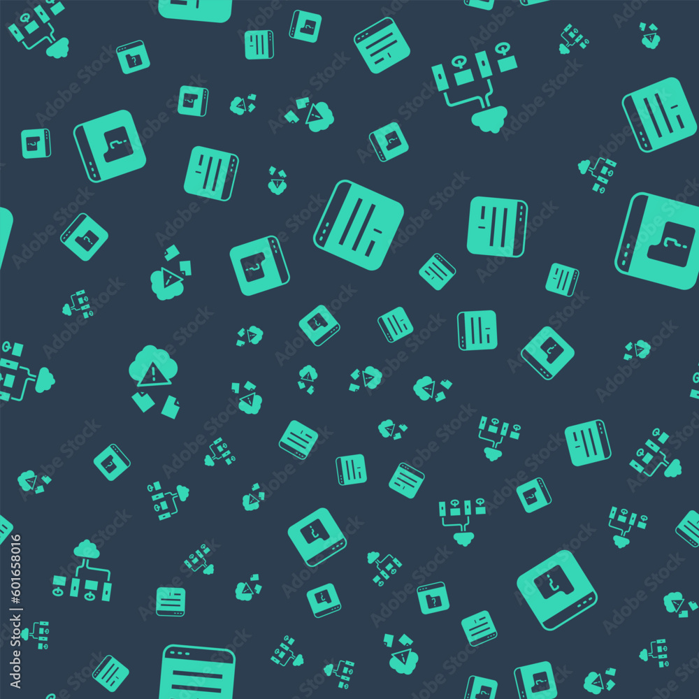 Poster set browser window, computer network, cloud hacking and file missing on seamless pattern. vector