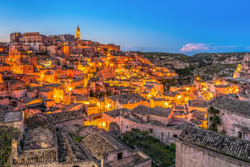 Scenic view of the city of Matera in Apulia in Italy by night