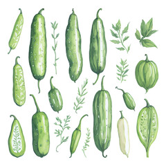 Set of Watercolor Cucumber collections with isolated white background