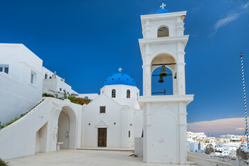 church with blue domes on the island of Santorini, Greece