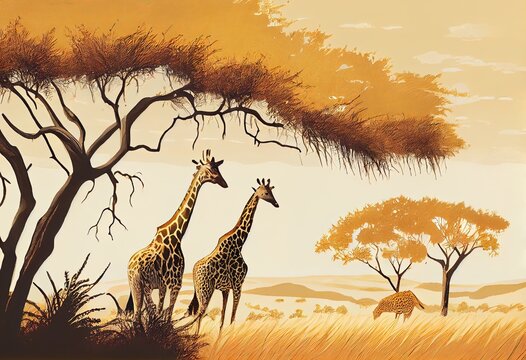 Serene Savanna: Graceful Giraffes Amidst Tall, Elegant Golden Grass and Rolling Hills, generative AI