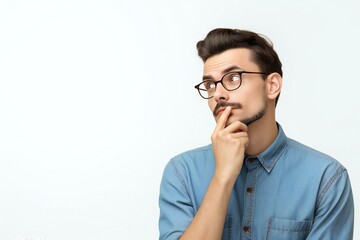 Young doubtful man thinking. Handsome young man in casual shirt and glasses standing isolated over white background. Customer thinking hard looking away. Generative AI