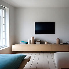 Interior of modern bedroom with tv on the wall