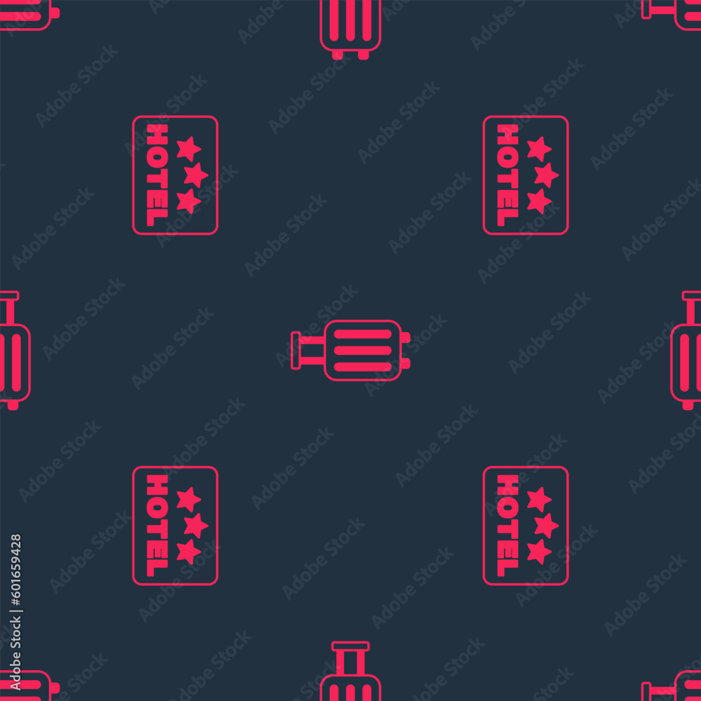 Poster set signboard with text hotel and suitcase on seamless pattern. vector