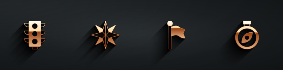 Set Traffic light, Wind rose, Location marker and Compass icon with long shadow. Vector