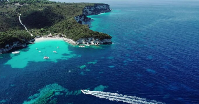 Tropical paradise beaches of Voutoumi and Vrika with turquoise clear sea, Antipaxos island, Ionian, Greece, Aerial drone bird's eye view