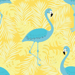Seamless summer pattern with blue flamingo on yellow background. Tropical trendy seamless pattern. Design for fabric, wallpaper, textile and decor.