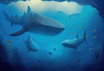Oceanic Majesty: Awe-Inspiring Underwater Scene with Massive Whale Sharks in Serene Open Water, generative AI