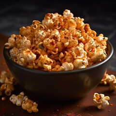 Seasoned spicy popcorn served in bowl on rustic kitchen table