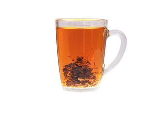 Black tea in a transparent glass cup. Shooted in motion. Cup isolated on a white background.