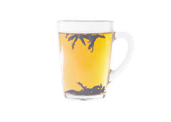 Brewing tea in a transparent tea cup. Isolated on a white background. Shui Xiang oolong tea (Water elf from the Wuyi mountains).