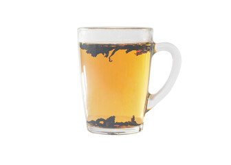 Brewing tea in a transparent tea cup. Isolated on a white background.