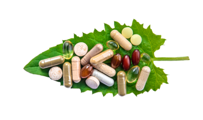 Herb supplement capsules on green leaf isolate on white background. Selective focus.